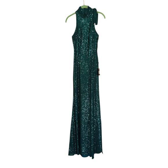 Mac Duggal Teal Sequined Soft Tie Halter Neck Column Gown Style 11280 Size 2 NEW - Picture 6 of 10